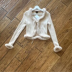 Women's Cream Cardigan with Faux Fur Trim